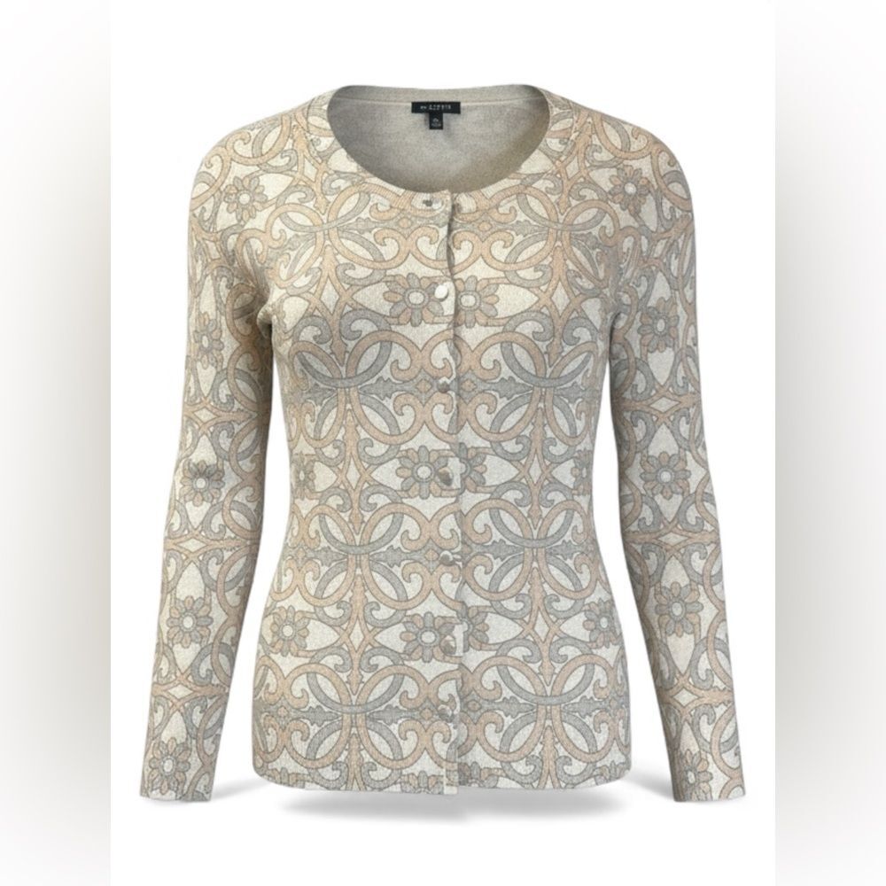 Talbots Petites Neutral Floral Print Cardigan Sweater Petite M | Metallic - Picture 2 of 8